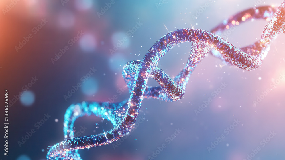 Vibrant holographic DNA strand floating against colorful background, showcasing intricate details and sparkling effects Vibrant holographic DNA strand floating against colorful background, showcasing intricate details and sparkling effects