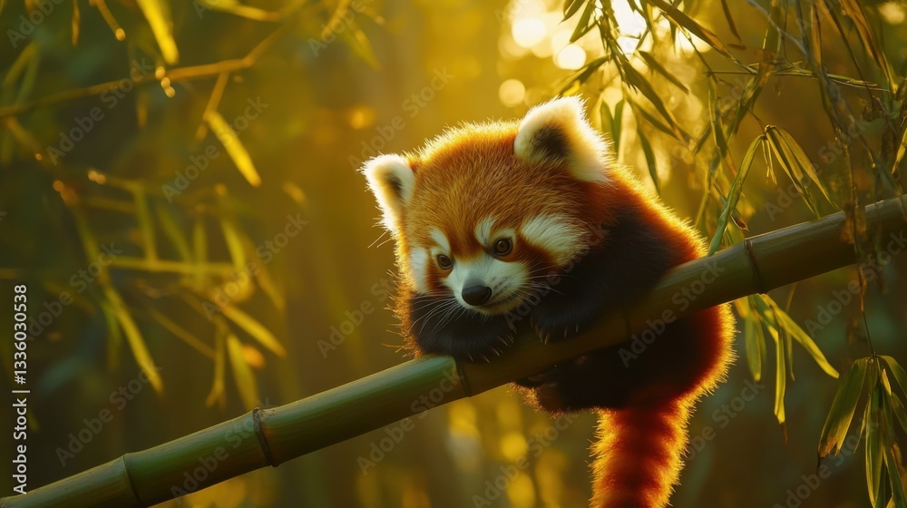Playful Red Panda Resting on Bamboo Branch Amidst Warm Sunlight Playful Red Panda Resting on Bamboo Branch Amidst Warm Sunlight