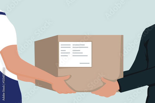 Delivery man with photocopy room delivers goods, hands holding cardboard box received by customer. Courier delivers package to customer who ordered.