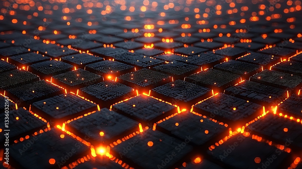 Obraz premium Glowing Grid Dark Orange Technology Background