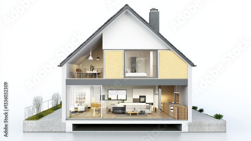 3D render of a house revealing layers of insulation within walls, flooring, and roof, highlighting energy efficiency and building construction details for architectural and educational use.
