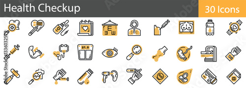 Health Checkup Line Icons Set. Collection of 30 outline icons representing health checkup tools, procedures, and medical symbols. Editable stroke vector illustration.