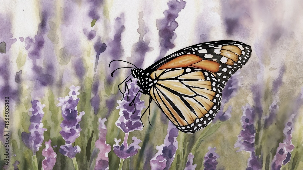 Fototapeta premium Soft watercolor artwork of a monarch butterfly on a lavender sprig, delicate muted tones for a serene springtime feel