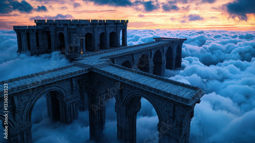 Majestic Ancient Structure Above Rolling Clouds at Sunrise with Dramatic Sky Colors