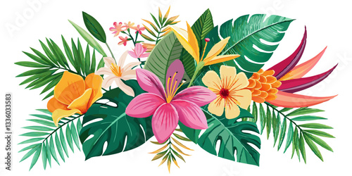 Vector illustration of a tropical flower, flower, floral, vector, nature, leaf, flowers, pattern, illustration, plant, spring, art, design, bouquet, summer, decoration, pink, blossom, wallpaper, card,