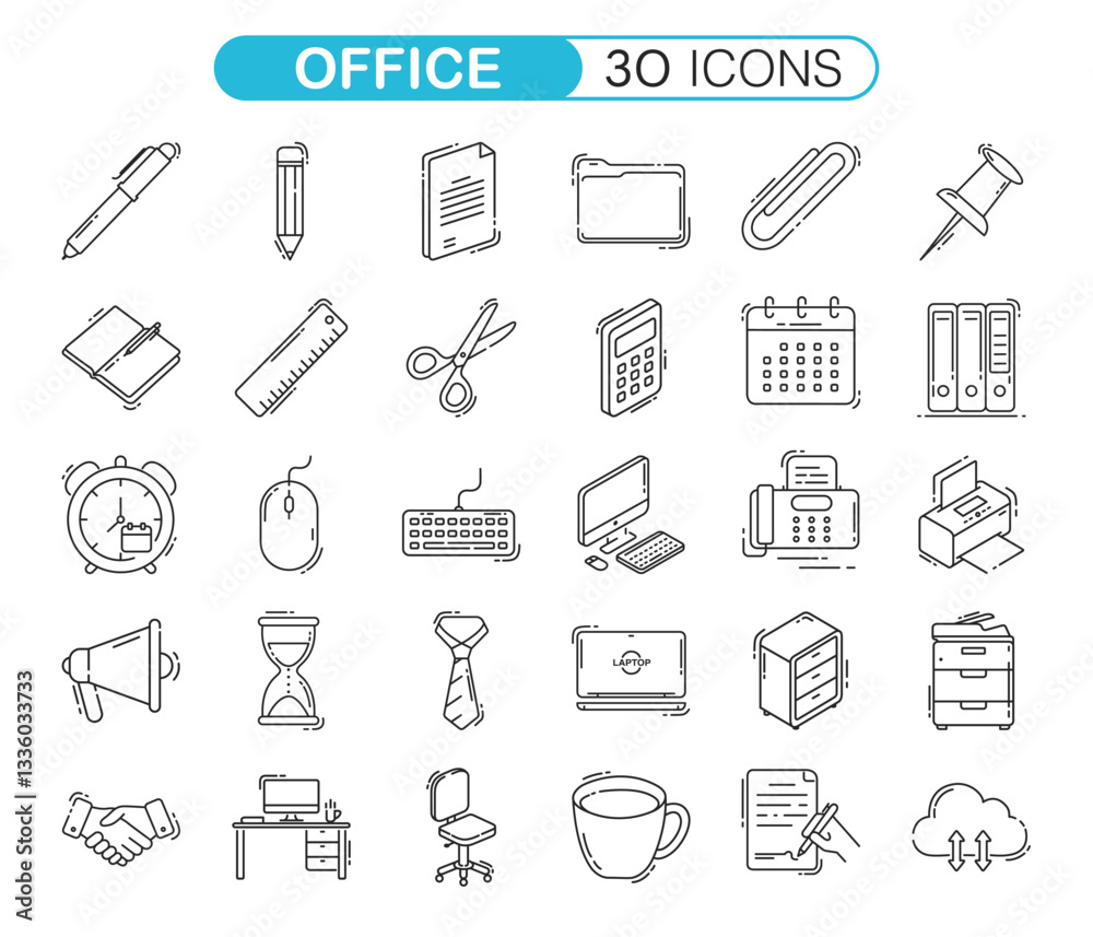 A collection of 30 simple icons representing various office tools and activities, including stationery, technology, and organizational items. A collection of 30 simple icons representing various office tools and activities, including stationery, technology, and organizational items.