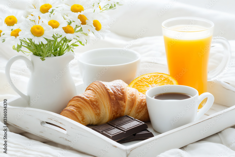 a luxurious bed with breakfast on the tray: orange juice and coffee in whi a luxurious bed with breakfast on the tray: orange juice and coffee in whi