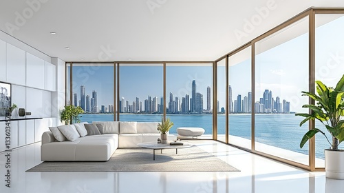 A sleek modern living room features large blue-tinted windows that cast a cool, calming glow over the space.