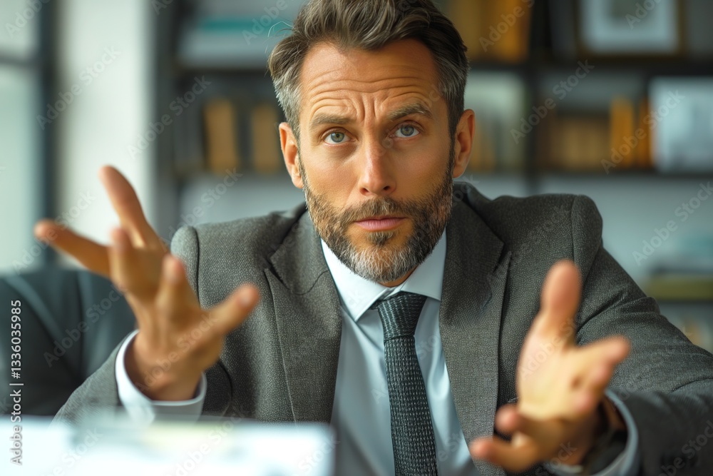 Fototapeta premium A middle-aged Caucasian man in a suit gestures during a discussion, conveying intensity and focus in a modern office environment.