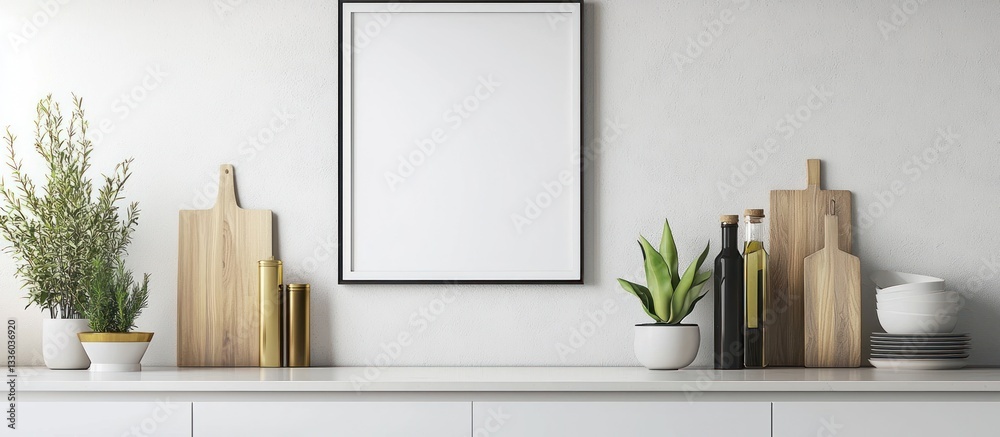 Minimalist kitchen with clean design and white frame wall.