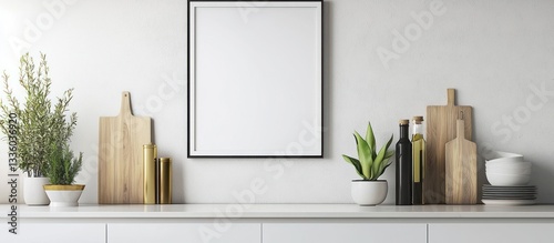 Obraz na płótnie Minimalist kitchen with clean design and white frame wall. w salonie