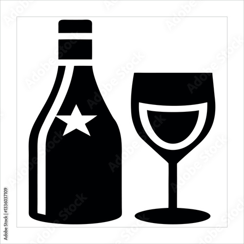 Vector illustration of a wine bottle and glass with alcohol and liquid, symbolizing celebration and party in a restaurant or bar setting