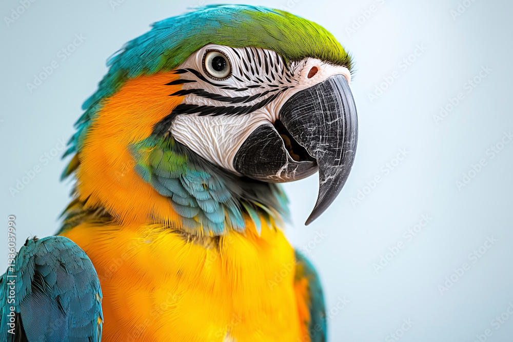 Obraz premium An expressive colorful parrot captured in the studio, showcasing its vibrant plumage against a clean white backdrop.