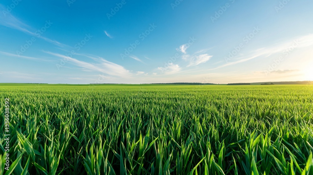 Vast green fields under bright blue sky, lush crops thriving in sunlight, ideal for agriculture themes and environmental awareness.