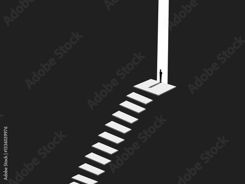 Confident businessman climbs stairs, stands in front of large door, looking to the future