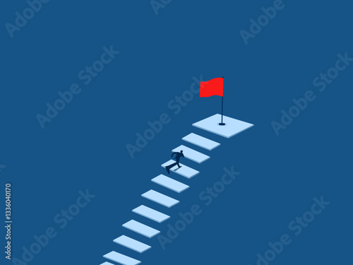 Businessman runs up the stairs to the red flag of victory