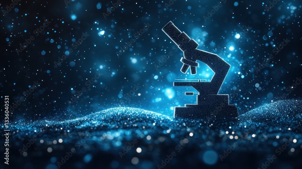 Naklejka premium Silhouetted microscope on glittering blue background