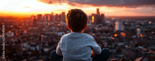 Boy Gazing at the Cityscape During Sunset Contemplating Future Dreams and Aspirations High Above photo