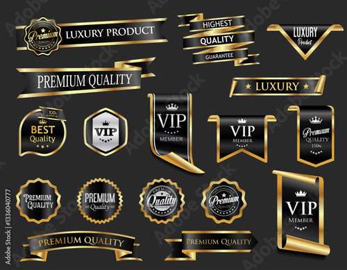 VIP and premium emblem black and gold isolated on black background stock illustration  