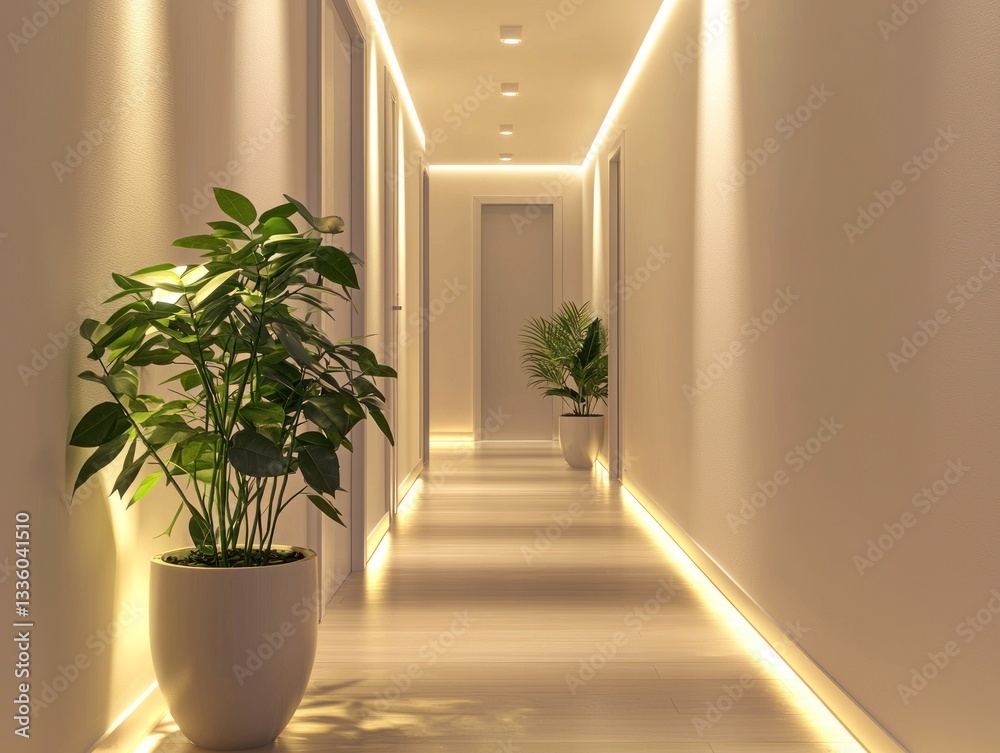 Minimalist Scandinavian hallway with soft lighting and plants.