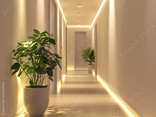 Obraz na płótnie Minimalist Scandinavian hallway with soft lighting and plants. w salonie