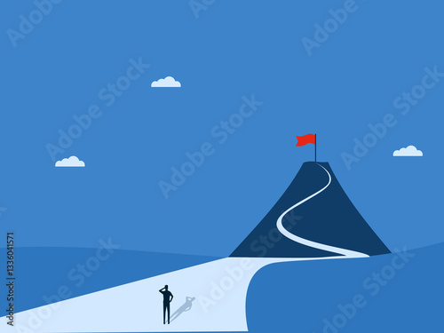 man looking at the red flag on the mountaintop on the path of success