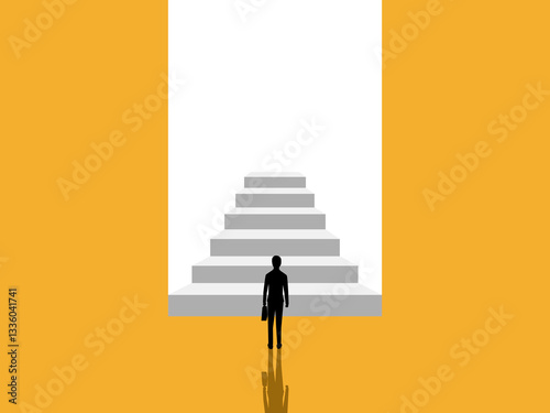 Businessman standing in front of the door of the stairs to future growth
