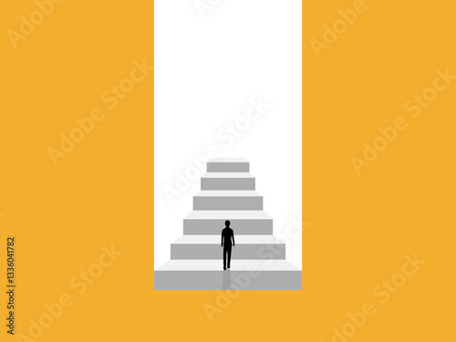 Businessman walking towards the door of the stairs to future progress