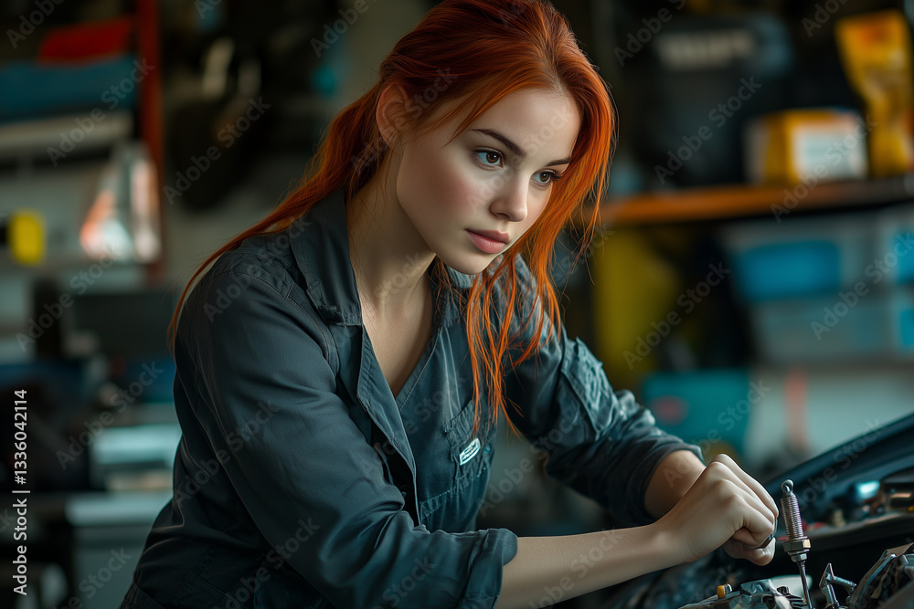 Fototapeta premium a young Caucasian female mechanic with auburn hair, wearing a dark grey jumpsuit, replacing spark plugs in a car engine. She carefully removes the o