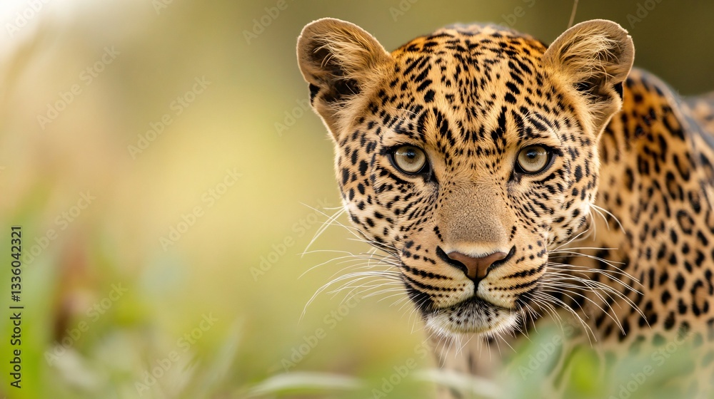 Fototapeta premium Curious young leopard cub in natural habitat, playful expression and soft fur, highlighting wildlife essence and innocence.