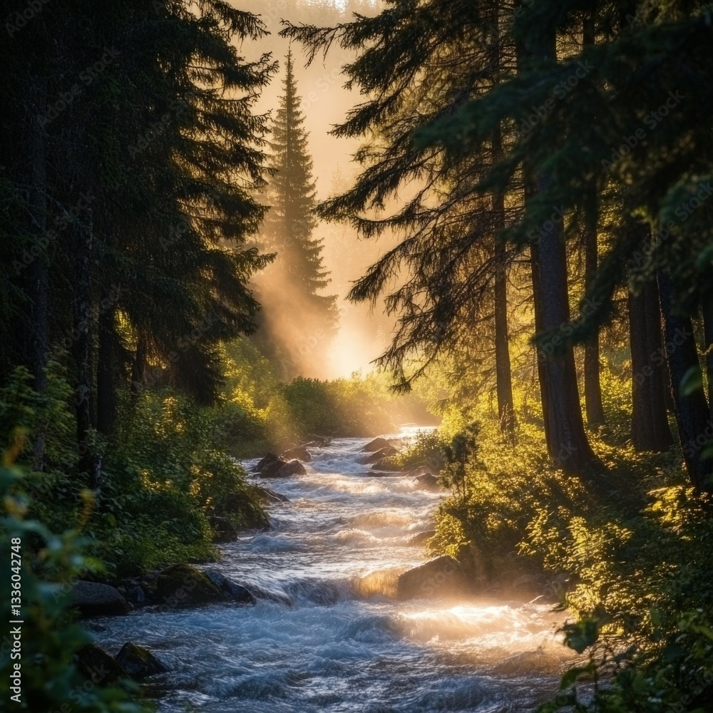 Obraz premium Sunlight filters through trees over river