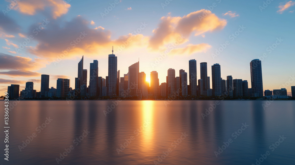 Fototapeta premium Captivating Sunset Over Urban Skyline with Reflections on Calm Water Surface