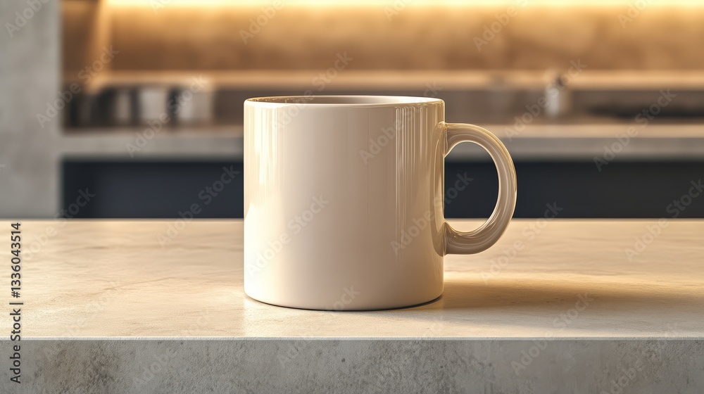 Elegant white coffee mug on kitchen counter modern setting product photography Elegant white coffee mug on kitchen counter modern setting product photography