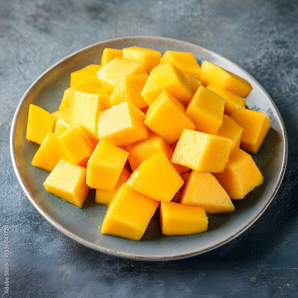 Diced Mango Pieces in a Gray Bowl Diced Mango Pieces in a Gray Bowl