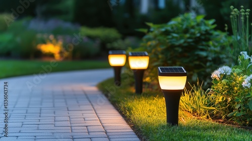 sustainable products renewable brand, Pathway lined with illuminated solar lights amidst lush greenery at dusk.