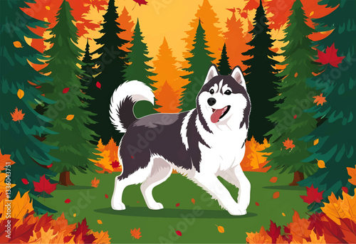The Alaskan Malamute strolls through a pine forest, surrounded by twinkling Christmas lights, soaking in the festive atmosphere.