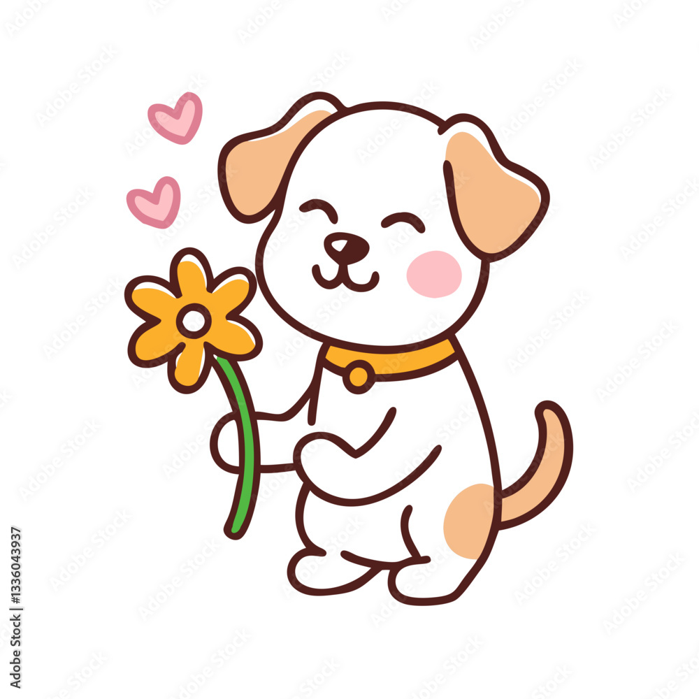 Fototapeta premium Cute puppy holding a flower with heart icons