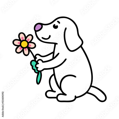 Cartoon dog sitting and holding a flower