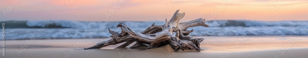 Weathered driftwood rests on sandy beach Weathered driftwood rests on sandy beach