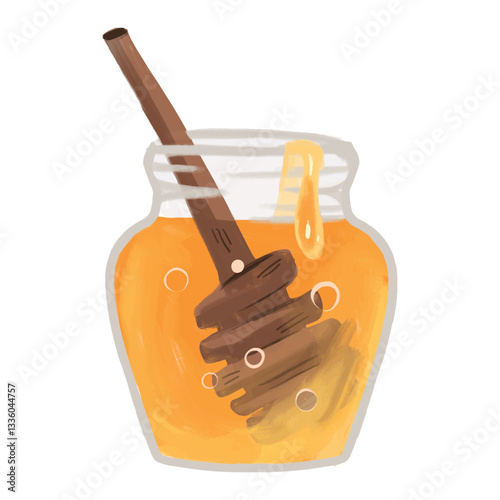 Honey jar with a wooden dipper and dripping honey.