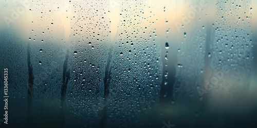 A close-up of a fogged-up glass wall with condensation droplets forming random streaks and patterns