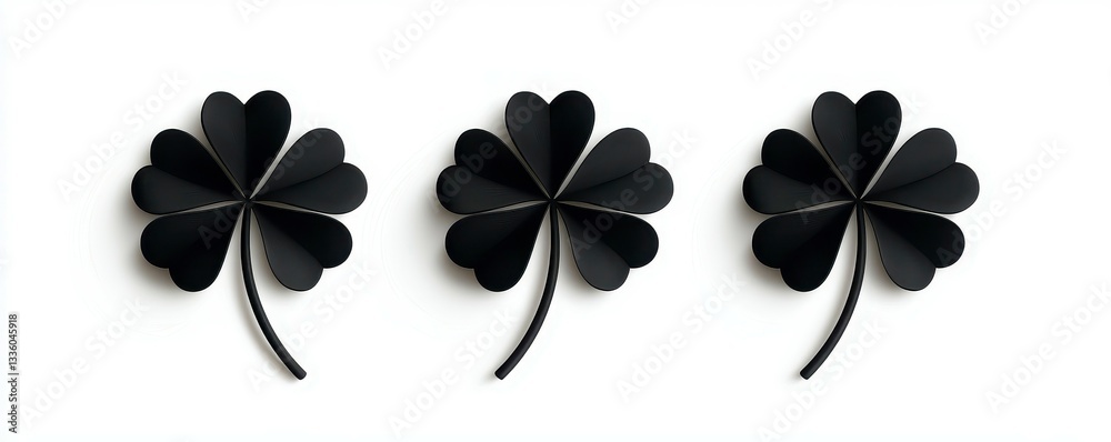 Trio of Luck Black Four Leaf Clover Arrangement Symbolizing Fortune and Serenity Isolated on White Trio of Luck Black Four Leaf Clover Arrangement Symbolizing Fortune and Serenity Isolated on White