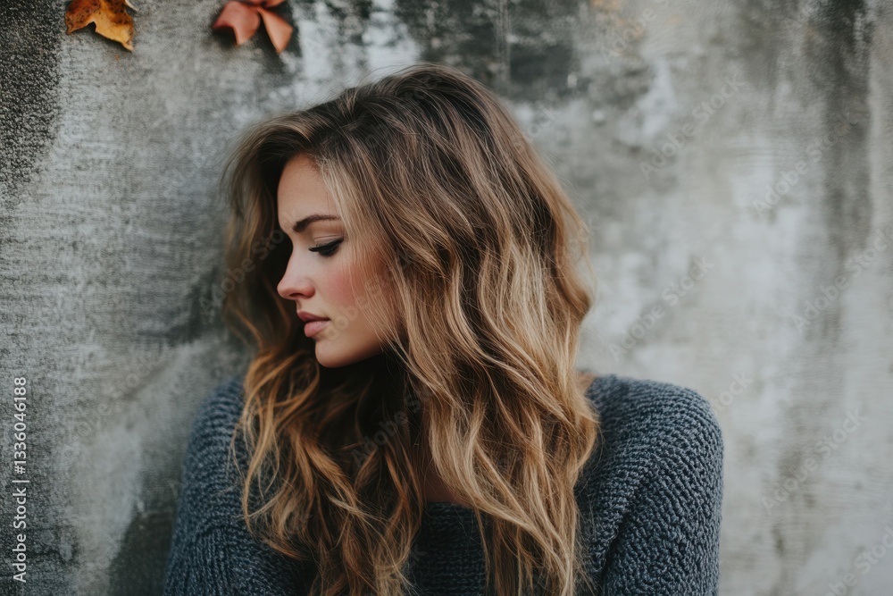 Naklejka premium A woman with long brown hair wearing a gray sweater standing against a textured gray wall outside