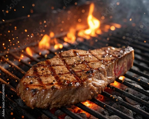 Smoked marinated meats grilled on a barbecue are delicious at a summer party. A hot charcoal grill with flames blazing in the background.