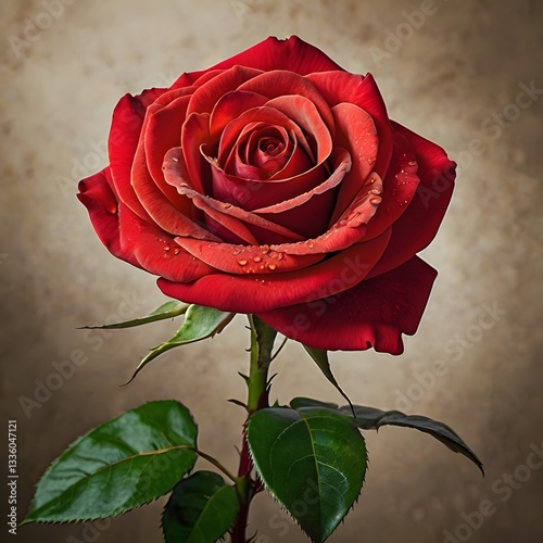 Wallpaper Mural Red rose with dark green leaves with defocused background, flowers and plants, red rose, Single beautiful red rose  Torontodigital.ca