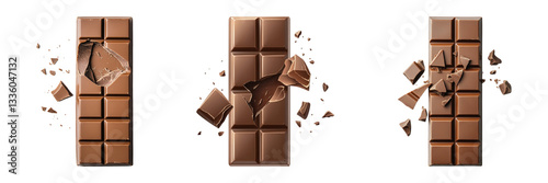 Set of chocolate bar with broken pieces on a white background, cut out, png