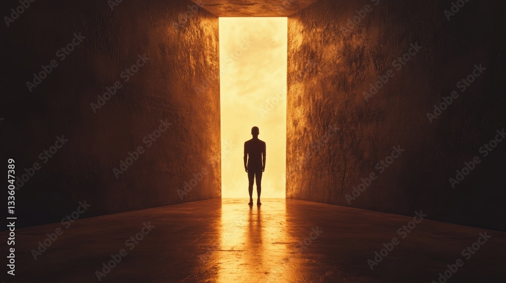 Fototapeta premium Silhouette of a Person Standing in a Bright Doorway with Golden Light Illuminating the Interior Space