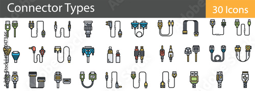 Connector Types Line Icons Set. Collection of 30 outline icons representing various connector types used in electronics, technology, and communication. Editable stroke vector illustration.