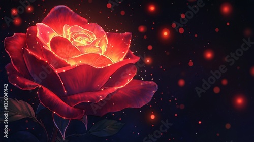 Watercolor artwork of a glowing red rose, its petals illuminated with a soft neon effect, surrounded by floating dreamy red bokeh lights, dark surreal night background, high fantasy floral theme.