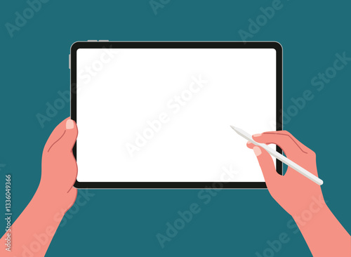 Top view of hands writing, drawing, painting on blank tablet with stylus pen for digital painting, graphic design, working or lecture flat vector illustration. Working on blank space tablet.